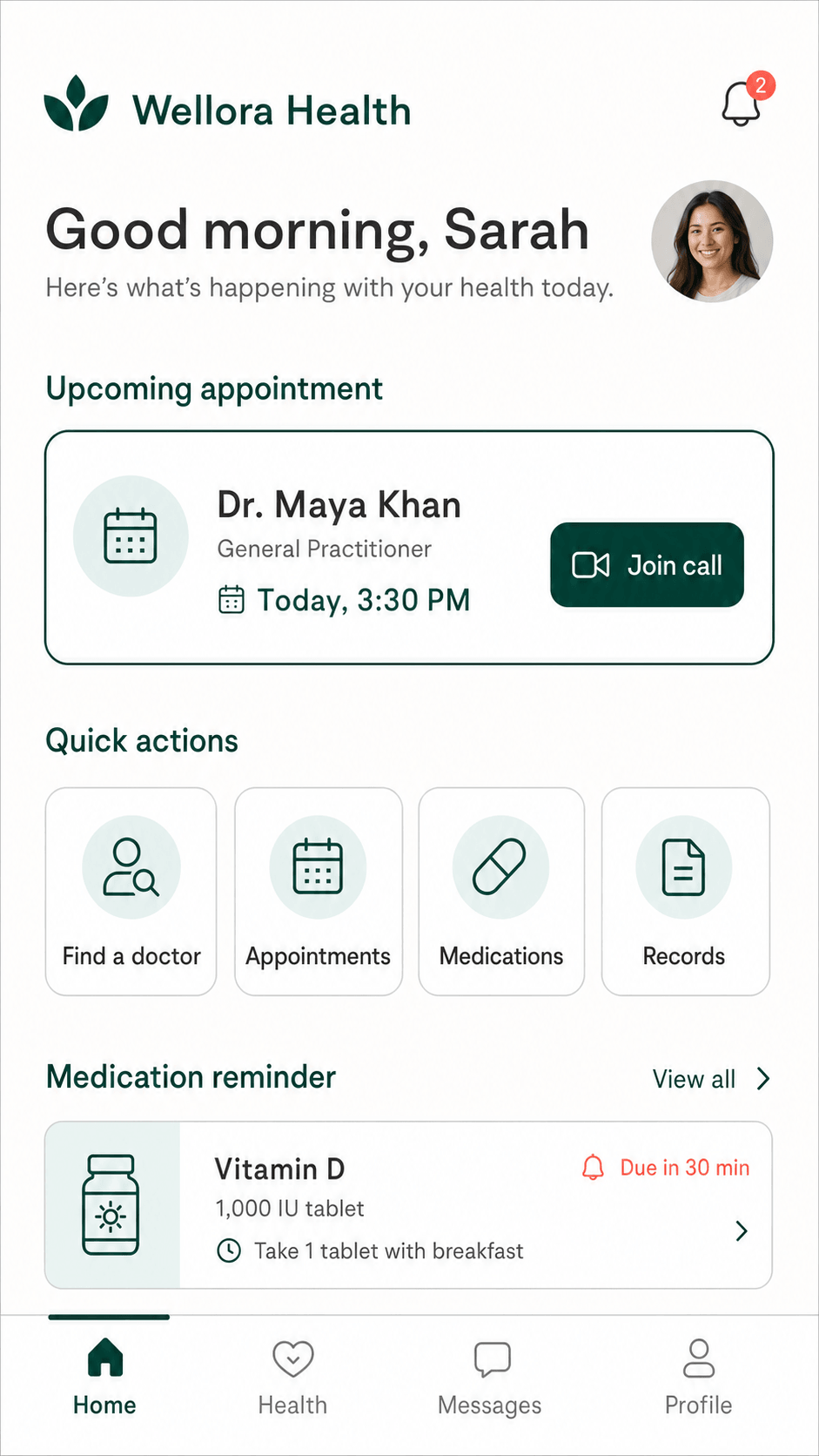 Wellora Health patient dashboard with appointment and medication reminder